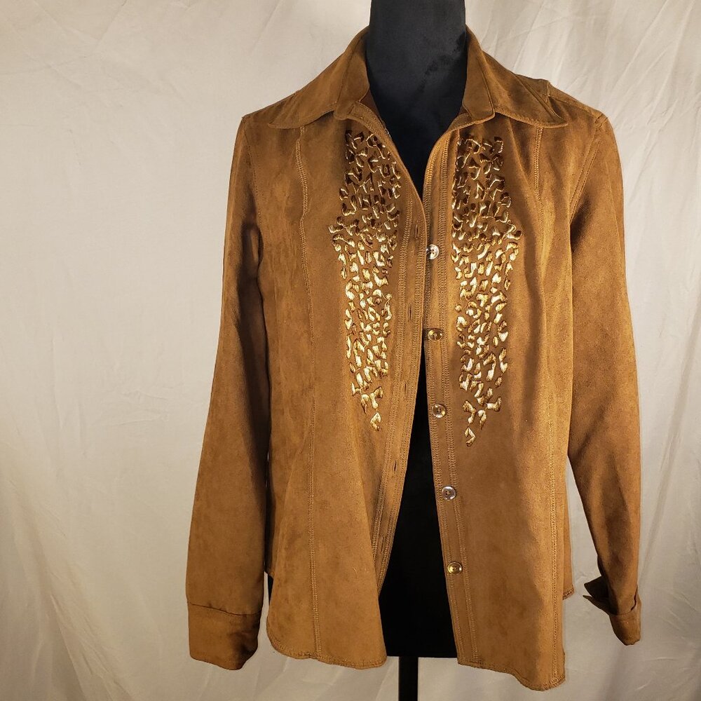 Women's Cappagallo Petite Suede-like Brown Embroidered Overshirt - PM